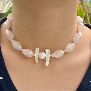 NEW Adjustable Necklace Freshwater Pearls + Chunky Pink Quartz Choker